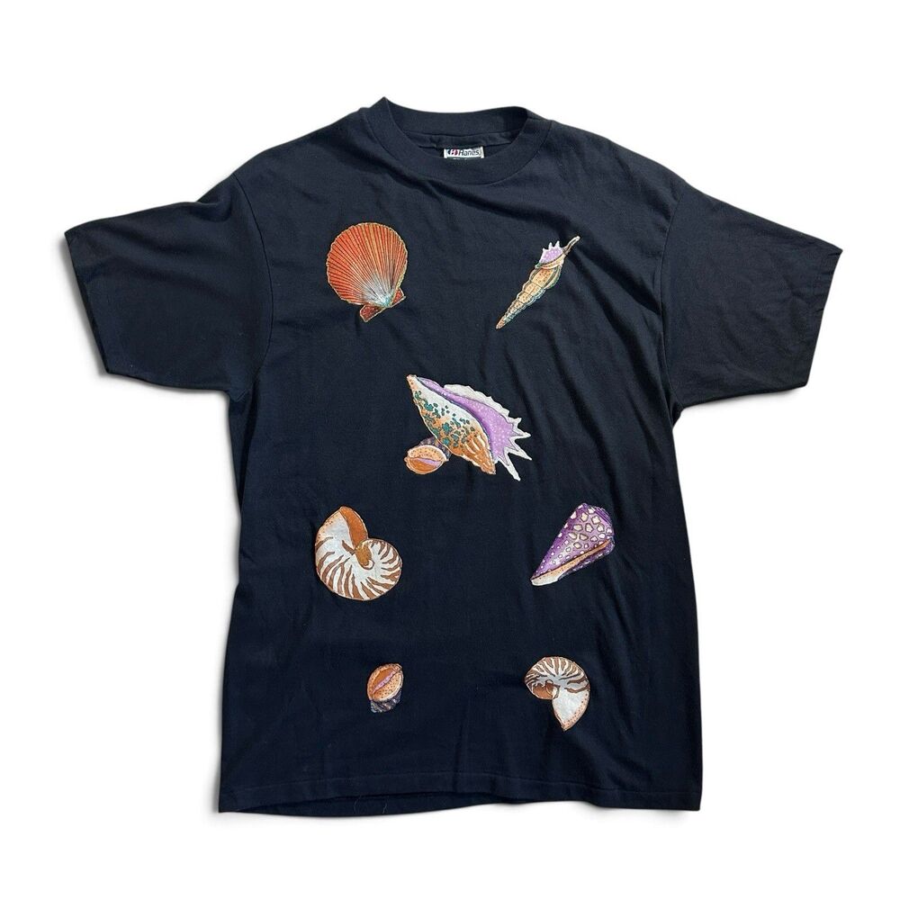 Vintage 80s Seashell T Shirt Black Hanes 50/50 USA Single-Stitch L Nautical